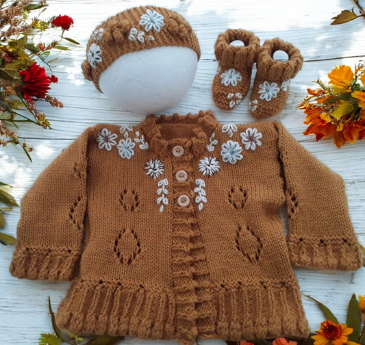 Charming Girls' Embroidered Cardigan Set: Headband & Boots Included