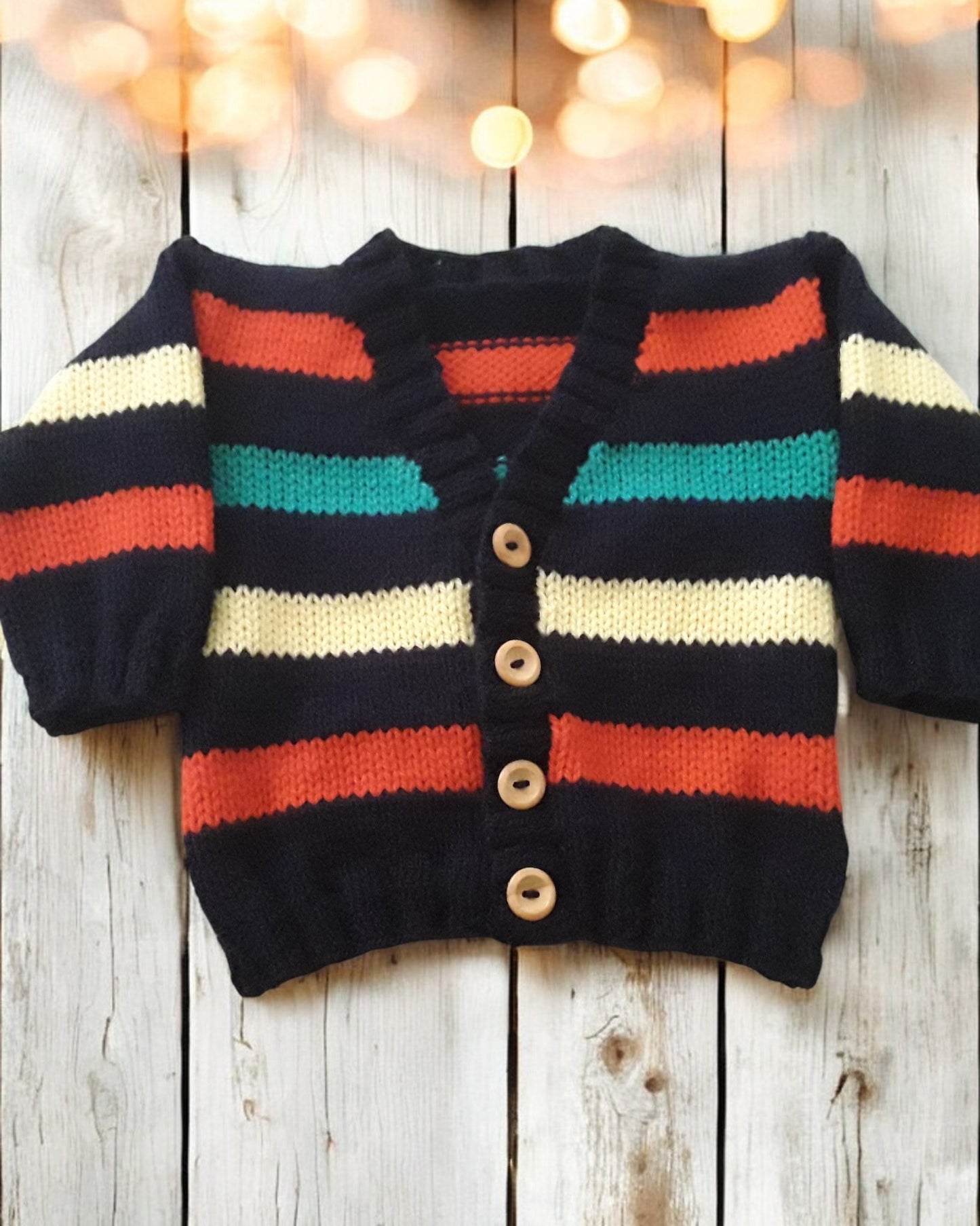 Bright and Bold Boys' Knitted V-Neck Cardigan – Colorful Design with Wooden Buttons