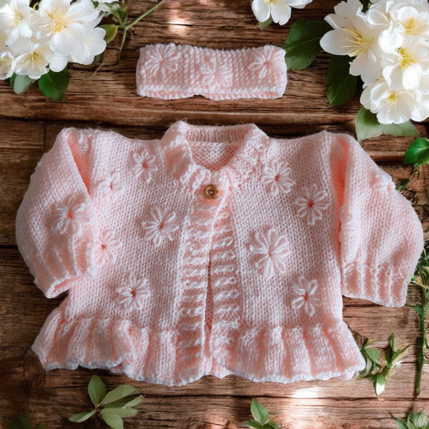Hand Knitted Girls Cardigan & matching headband with Hand-Stitched Blooms