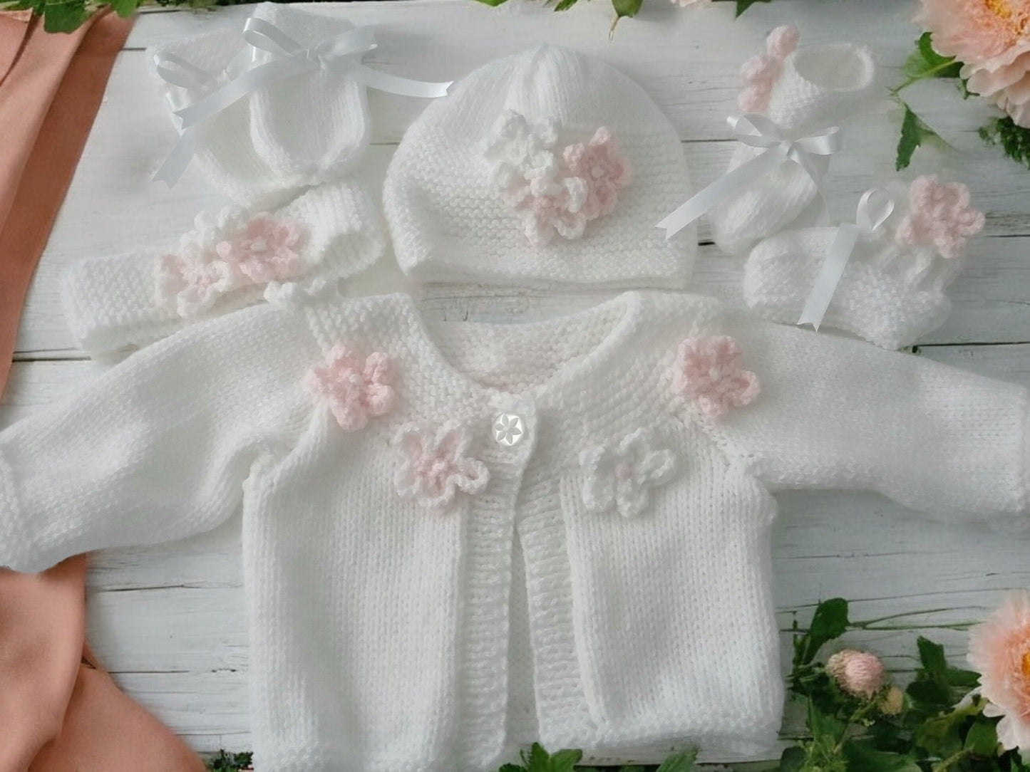 Hand Knitted Girls Cardigan with Yoke Design and Knitted Daisy Trim