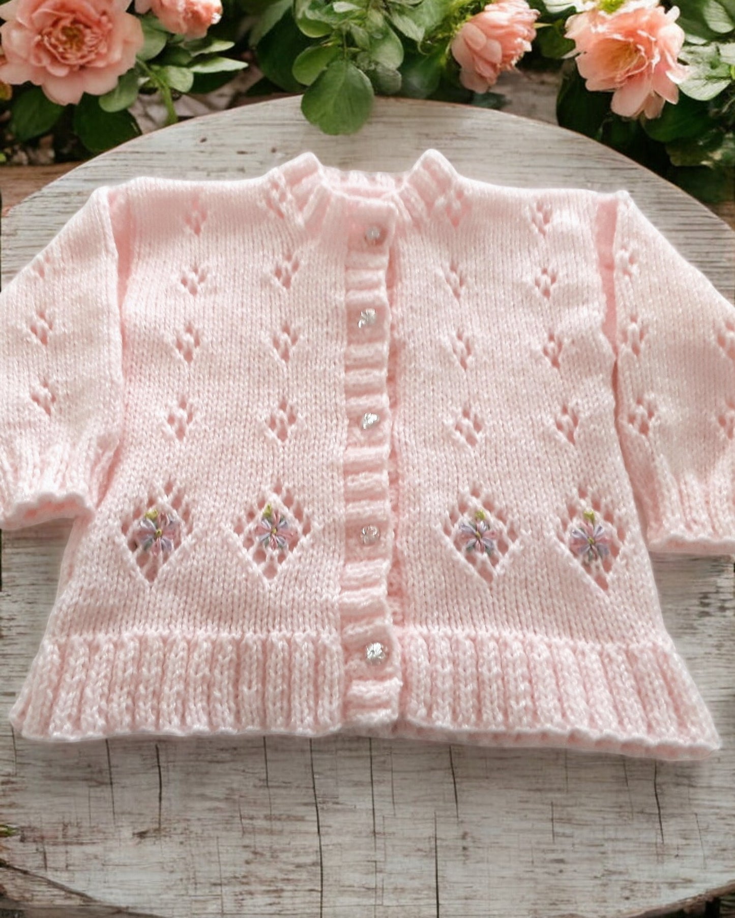 Girls knitted cardigan with diamond lacy design and embroidery