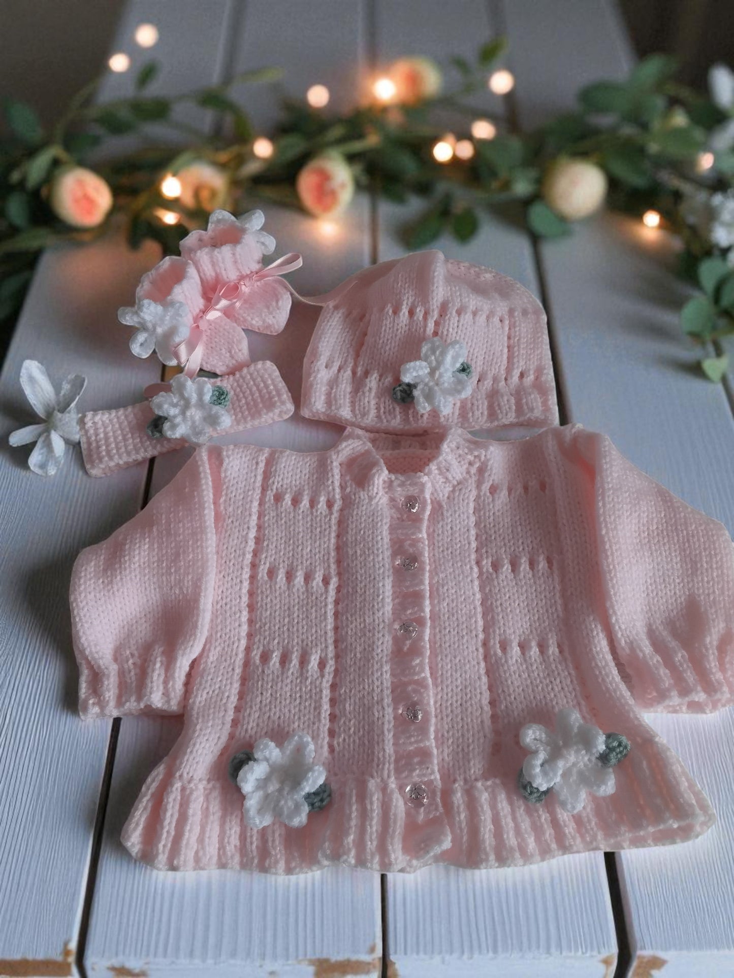 Baby Girl Fluted Hem Cardigan with hat, headband and boots, Flower & leaf Trim