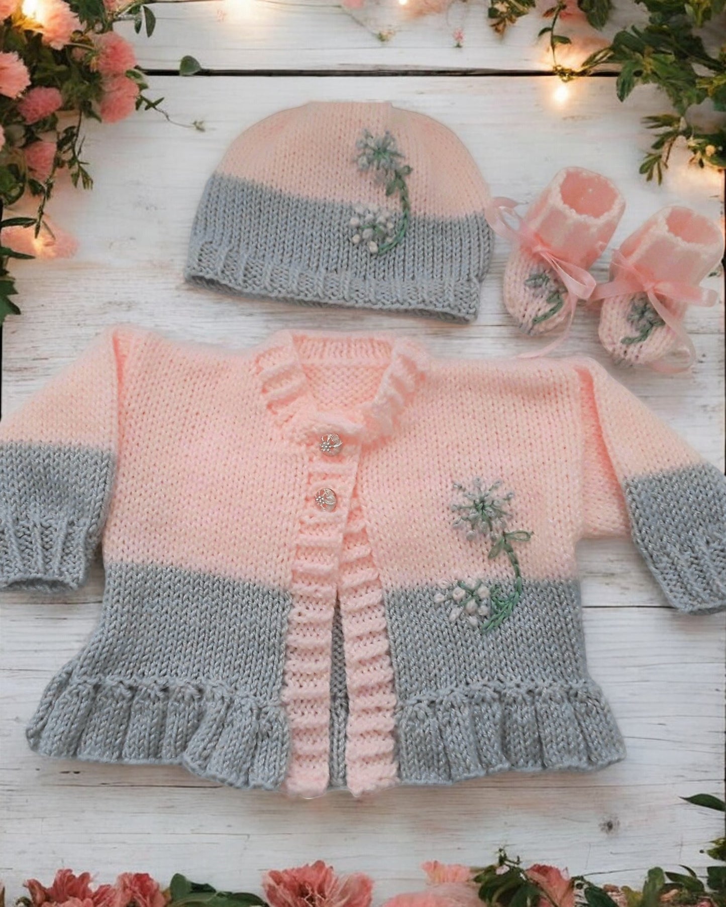 Girls knitted cardigan with matching hat & boots, beautifully embroidered outfit - gemknits4kids
