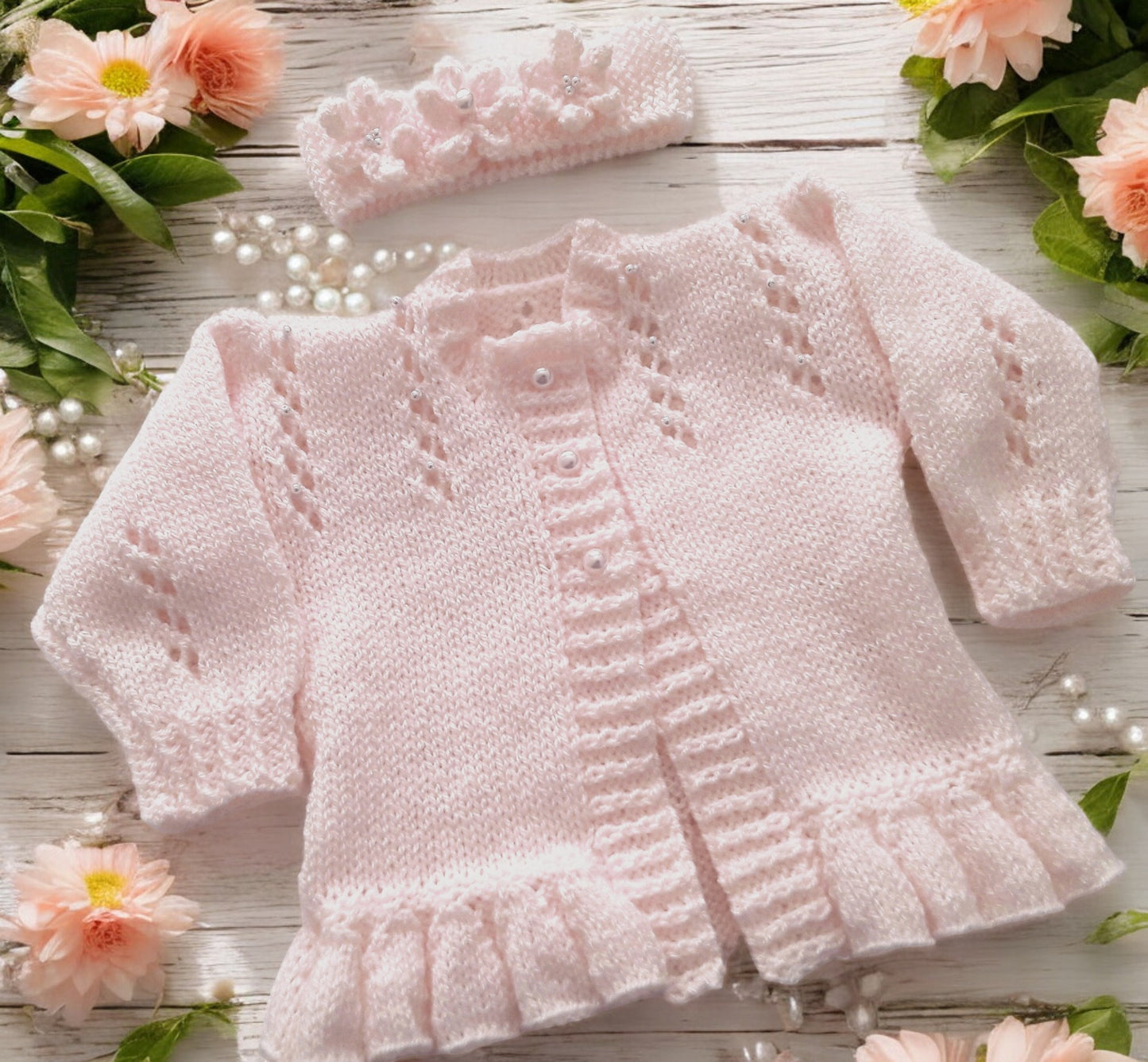 Hand Knitted Pearl-Trimmed Girls Cardigan with Matching Headband – Perfect for Christenings