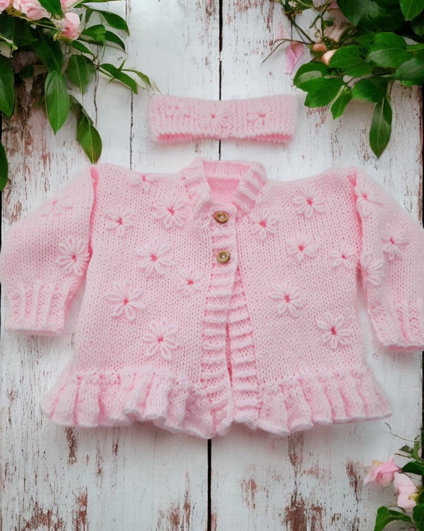 Hand Knitted Girls Cardigan & matching headband with Hand-Stitched Blooms