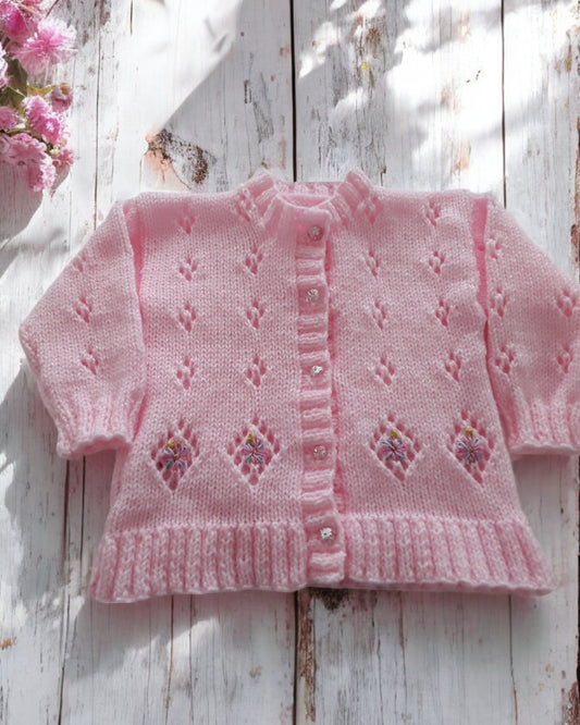 Girls knitted cardigan with diamond lacy design and embroidery