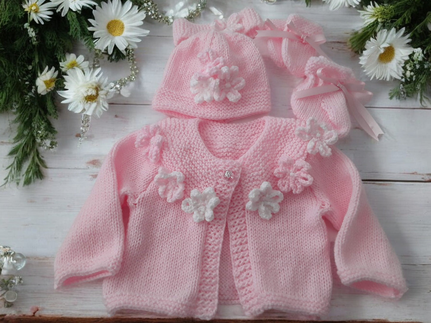 Hand Knitted Girls Cardigan with Yoke Design and Knitted Daisy Trim