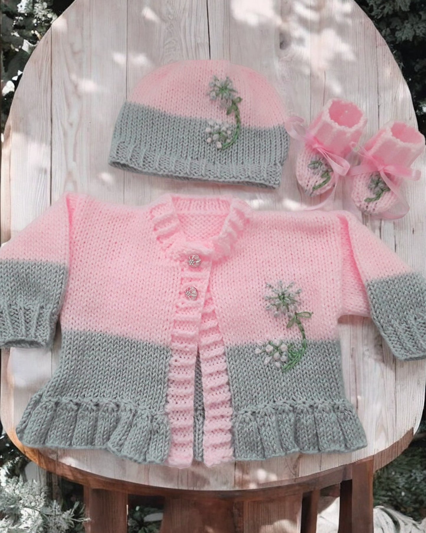 Girls knitted cardigan with matching hat & boots, beautifully embroidered outfit - gemknits4kids