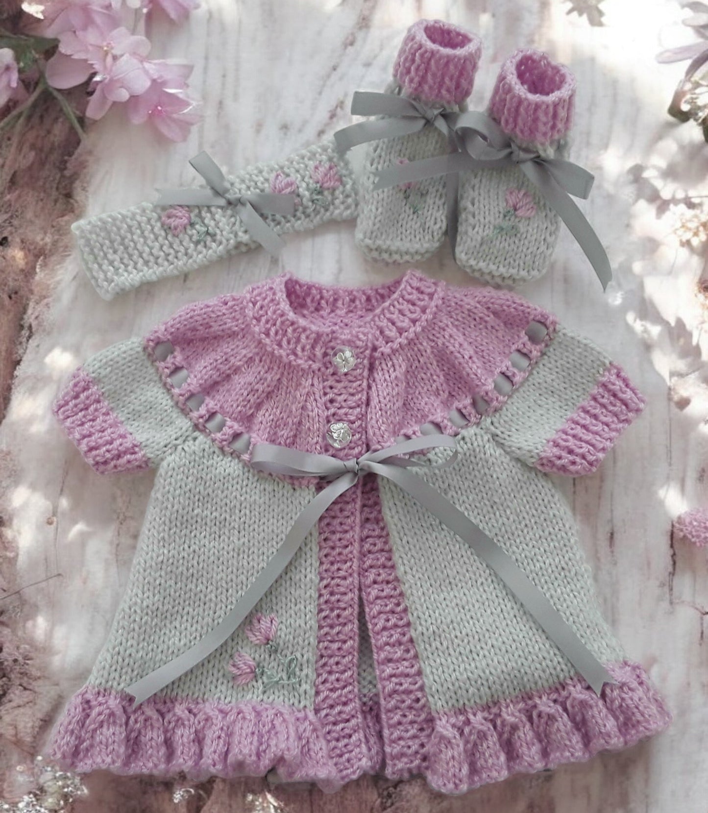 Beautiful Baby Girl Yoke Cardigan with Coordinated Headband & Booties