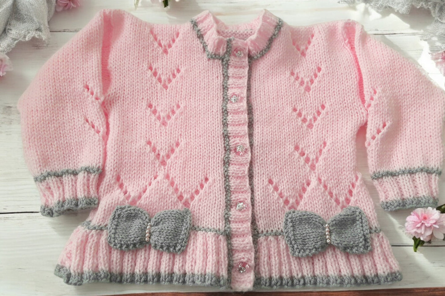 Hand Knitted Baby Girl Cardigan with Knitted Bow Trim  -Made to Order