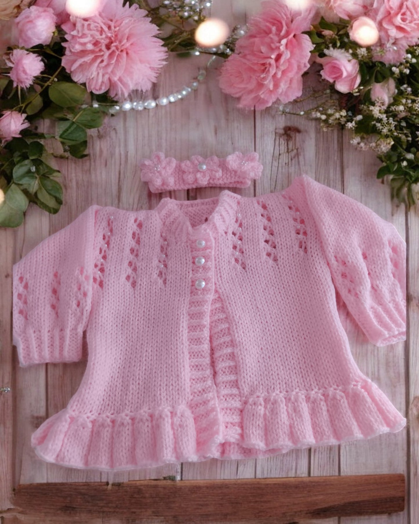 Hand Knitted Pearl-Trimmed Girls Cardigan with Matching Headband – Perfect for Christenings