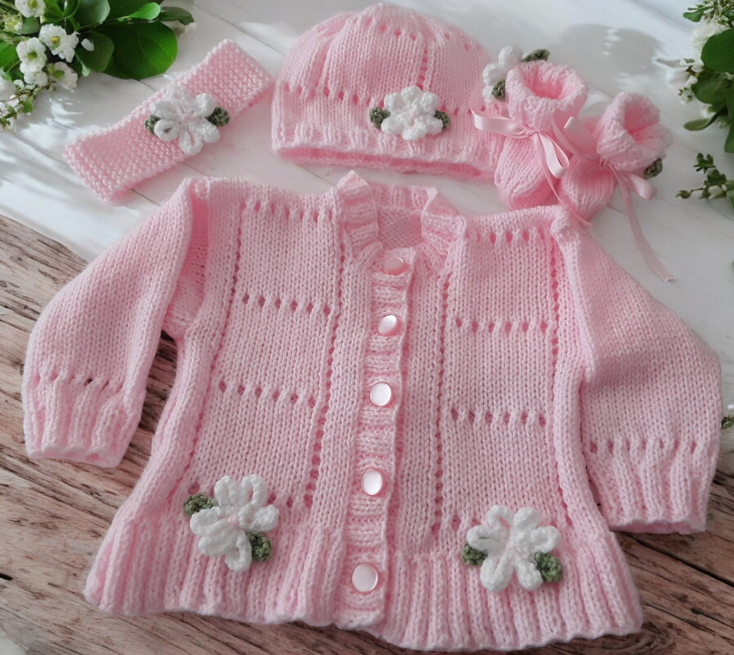 Baby Girl Fluted Hem Cardigan with hat, headband and boots, Flower & leaf Trim