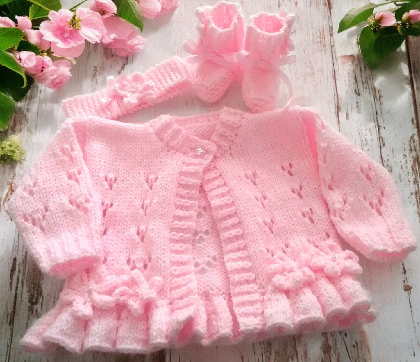 Hand-Knitted Baby Girl Cardigan with Fluted Hem & Flower trim with headband and booties