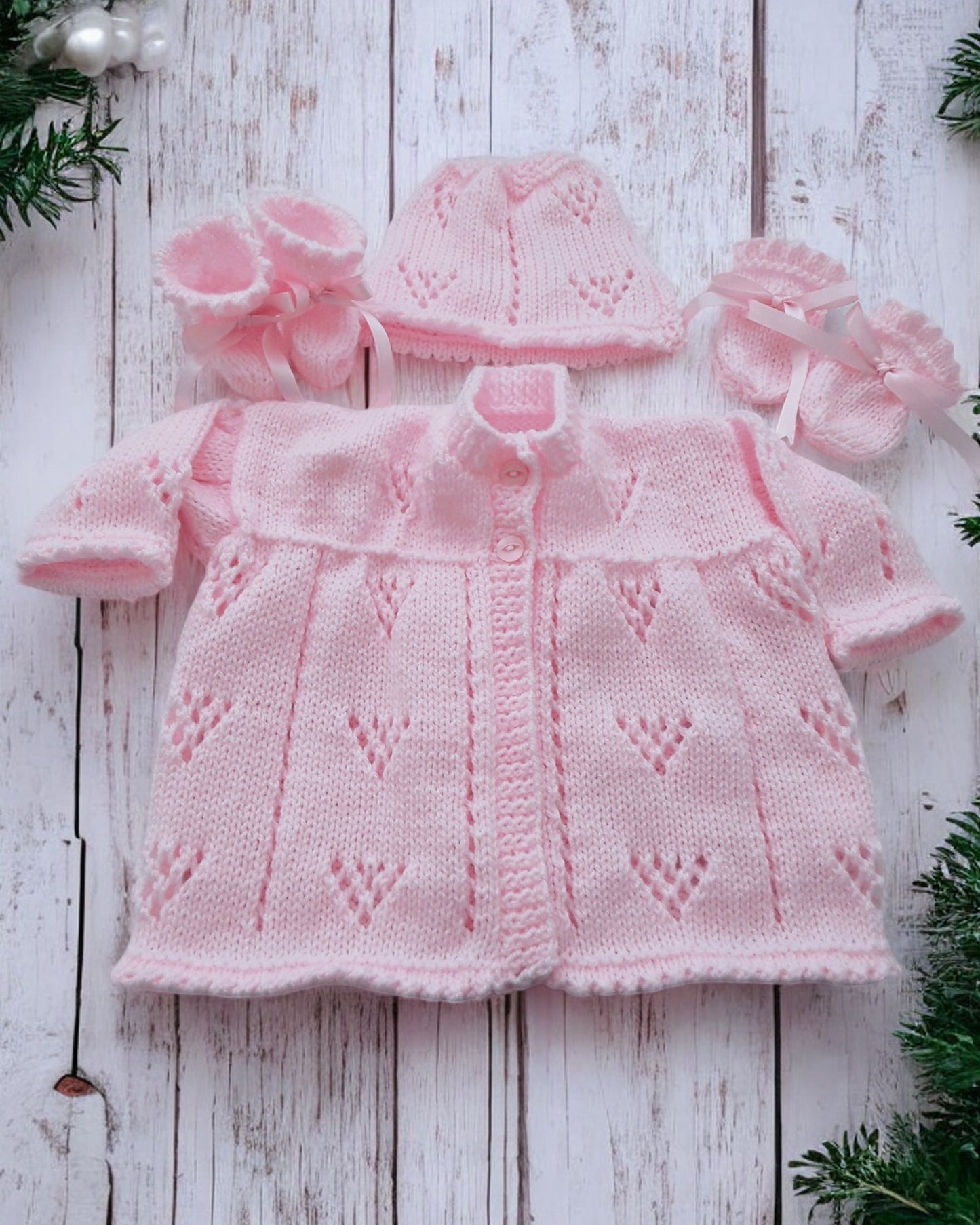 Cozy Baby Outfit: Knitted Matinee Coat, Hat, Mittens, and Boots Set