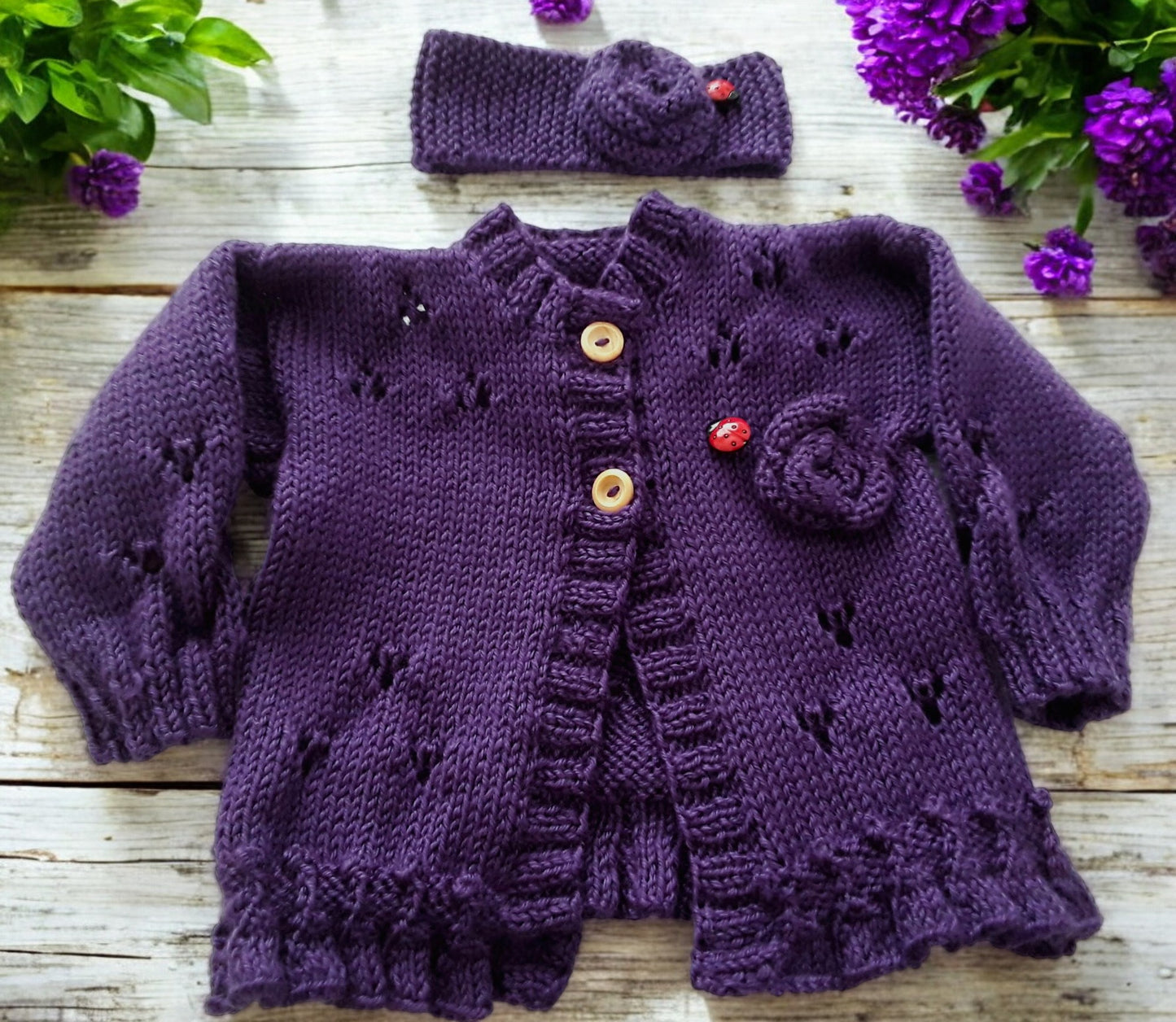 Hand Knitted Girls Cardigan & matching headband knitted flower & ladybird trim
