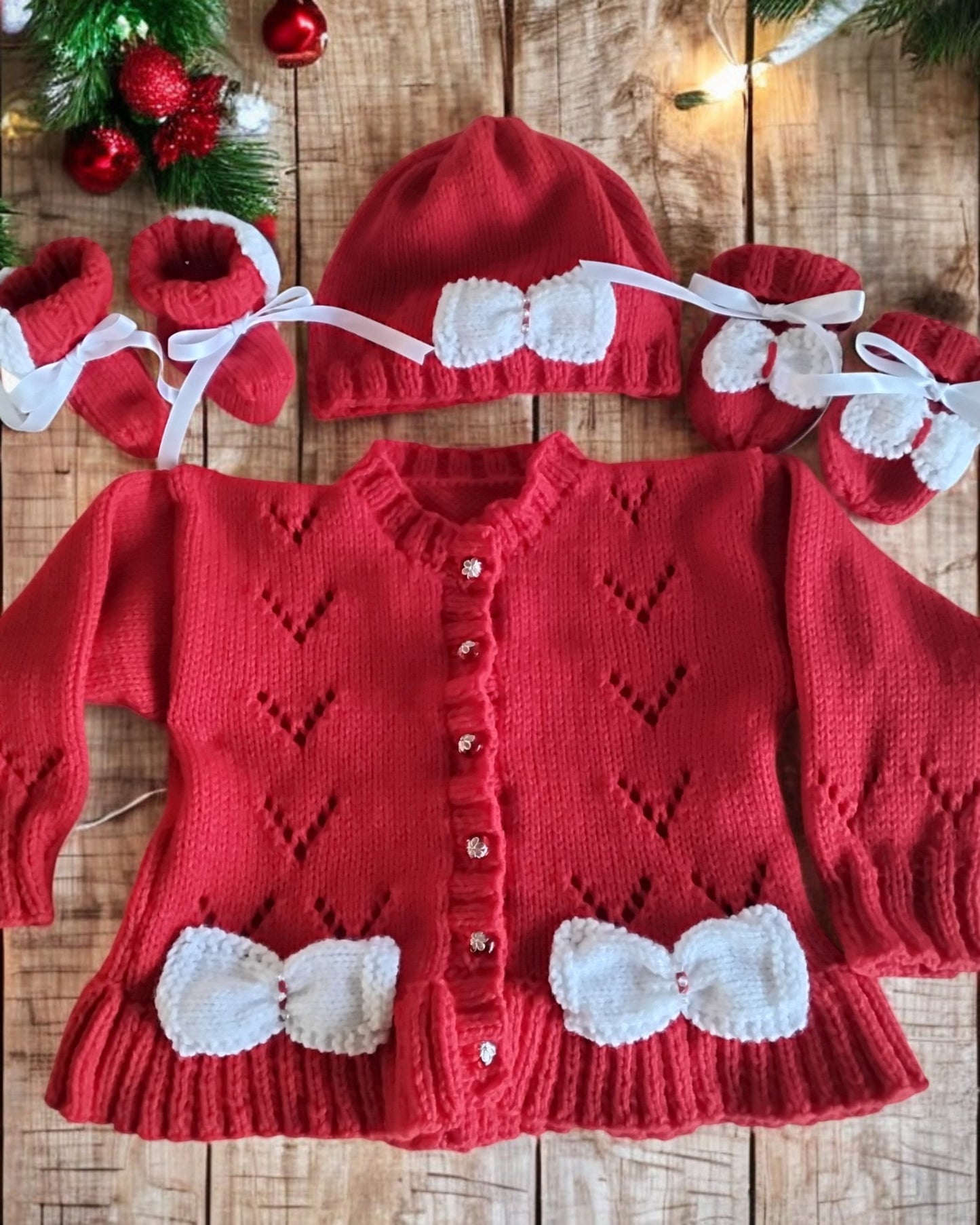 Hand Knitted Baby Girl Cardigan with Knitted Bow Trim  -Made to Order