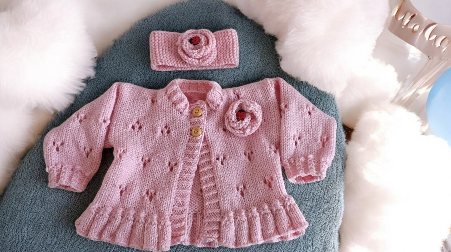 Hand Knitted Girls Cardigan & matching headband knitted flower & ladybird trim