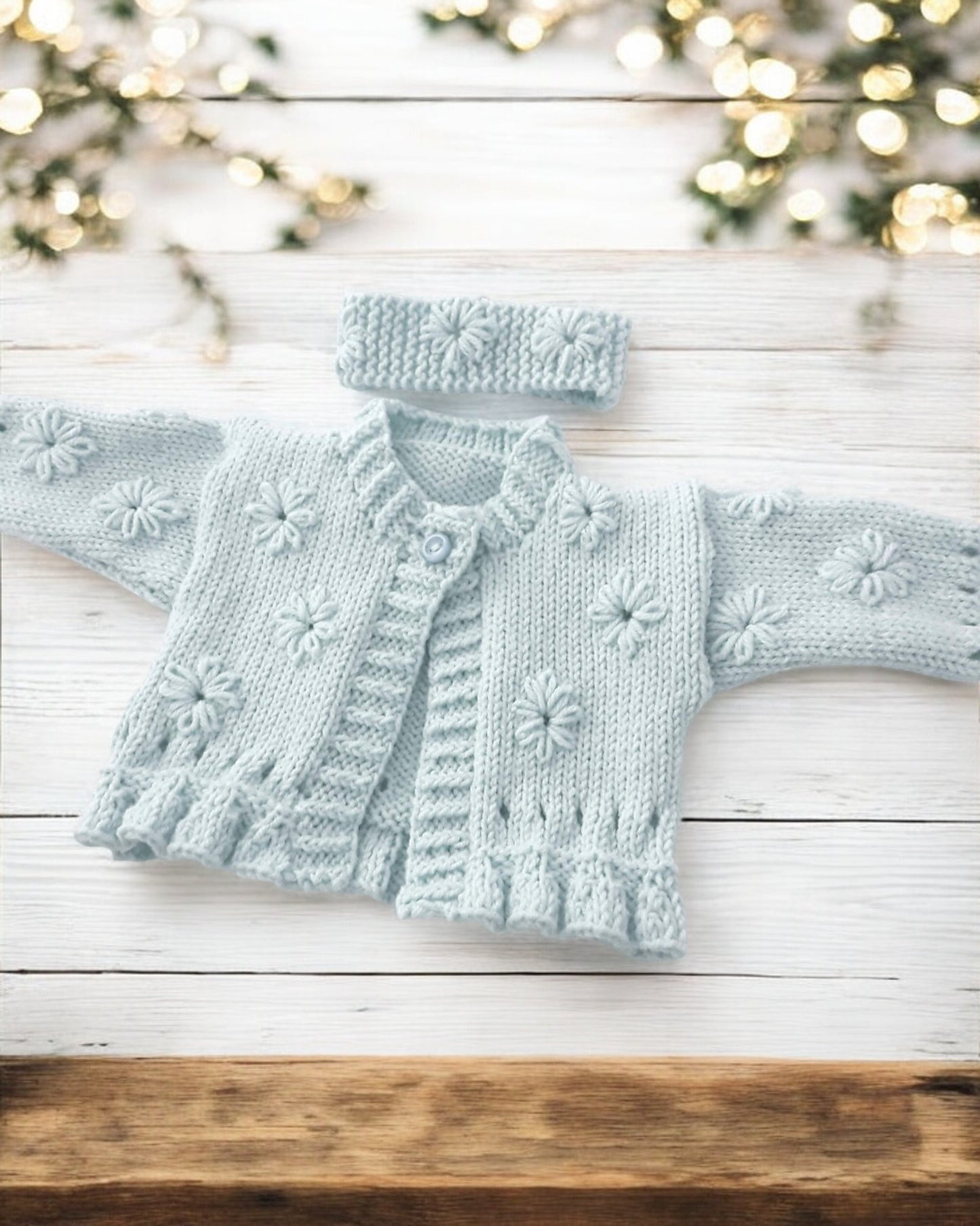 Hand Knitted Girls Cardigan & matching headband with Hand-Stitched Blooms