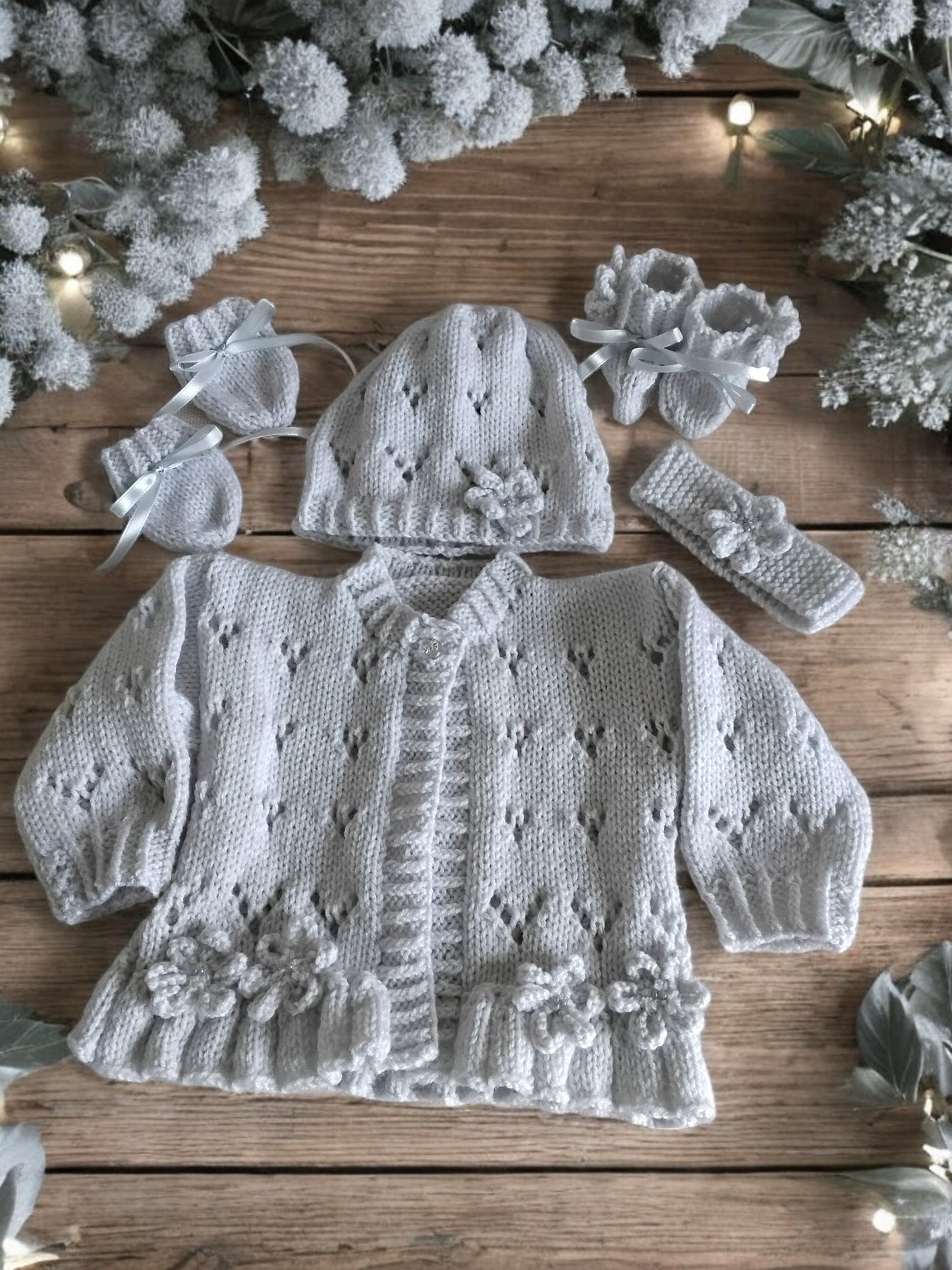 Hand-Knitted Baby Girl Cardigan with Fluted Hem & Flower trim with headband and booties