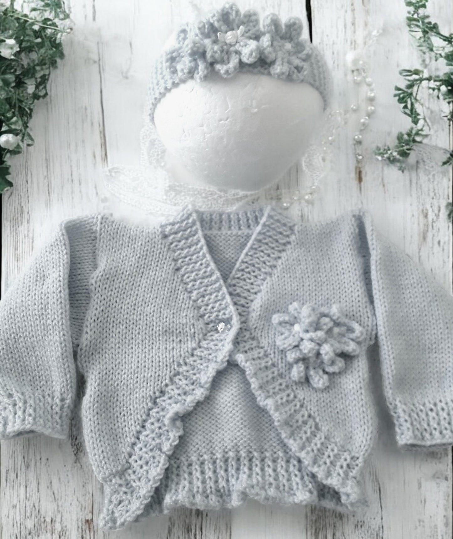 Hand Knitted Bolero Style Girls Cardigan with Knitted Flowers & Matching Headband – Perfect for Spring & Summer