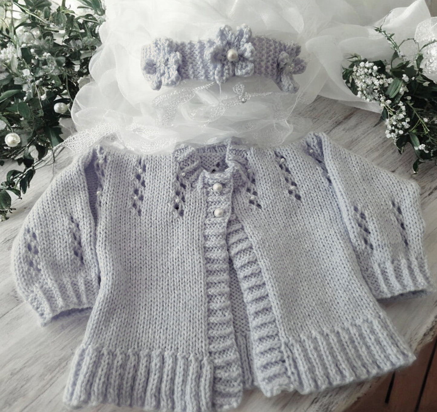 Hand Knitted Pearl-Trimmed Girls Cardigan with Matching Headband – Perfect for Christenings