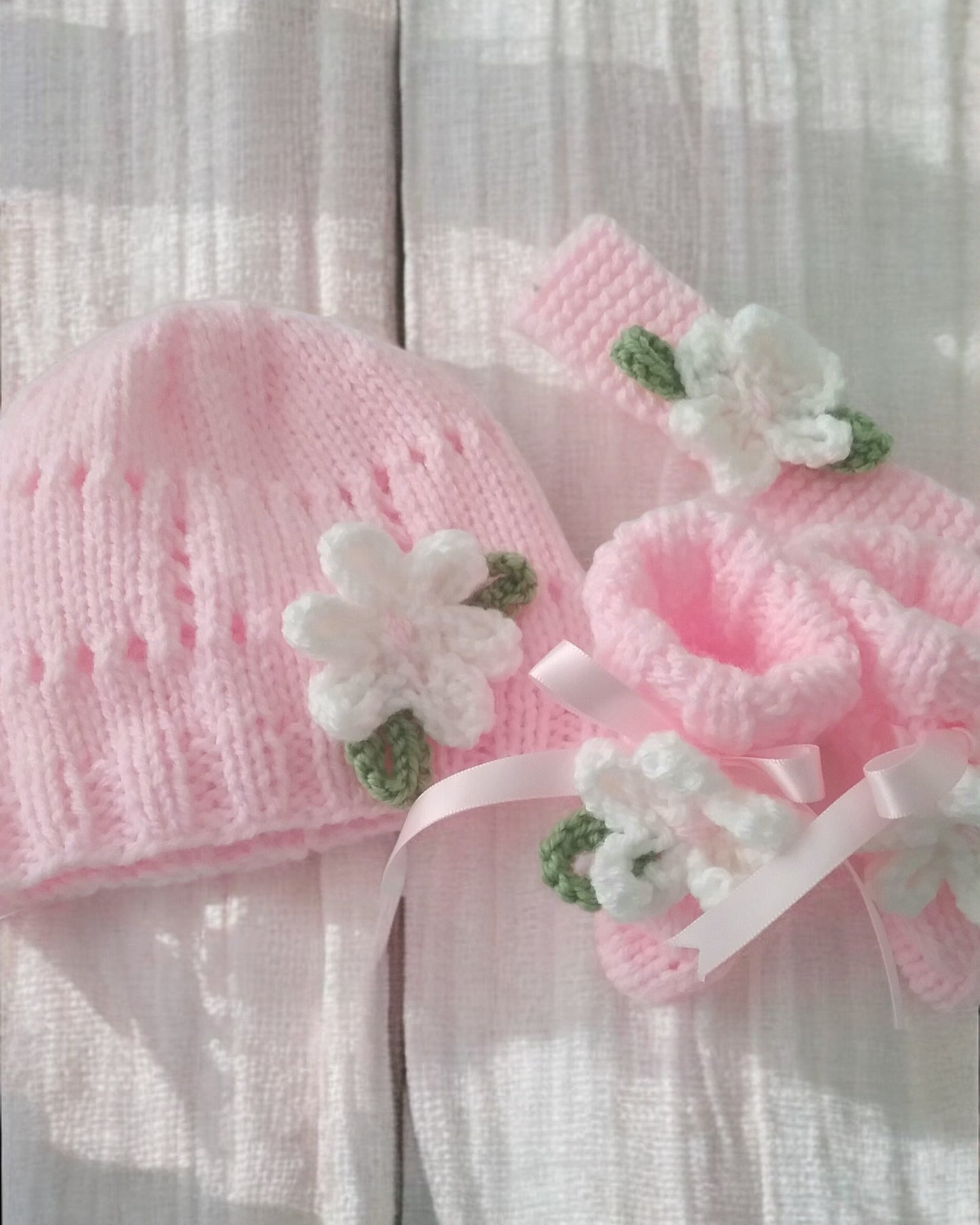 Baby Girl Fluted Hem Cardigan with hat, headband and boots, Flower & leaf Trim