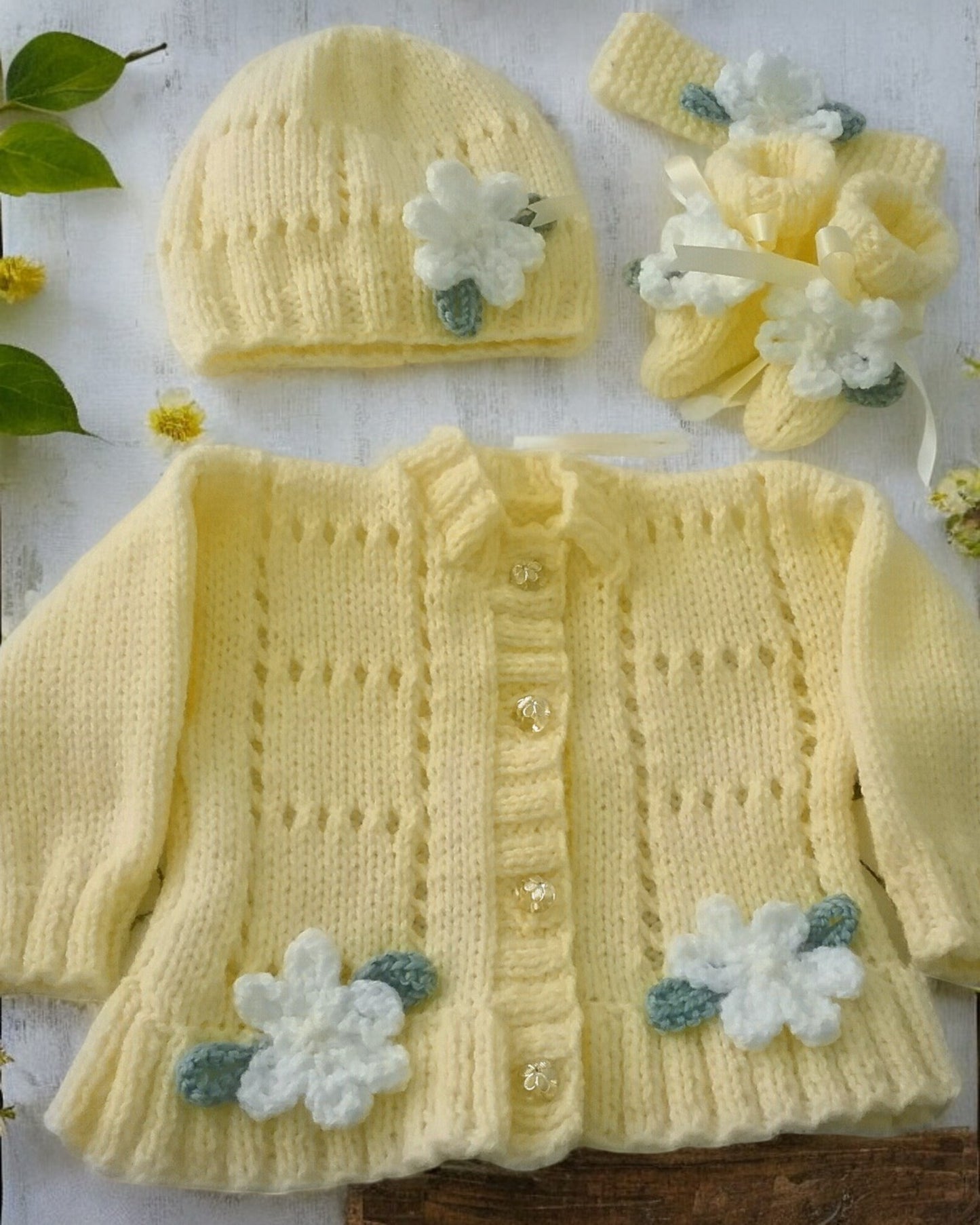 Baby Girl Fluted Hem Cardigan with hat, headband and boots, Flower & leaf Trim
