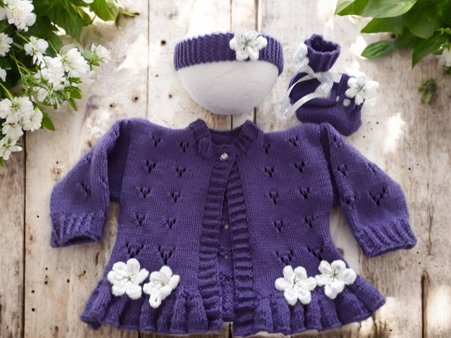 baby girl cardigan, headband & booties in jewel colour