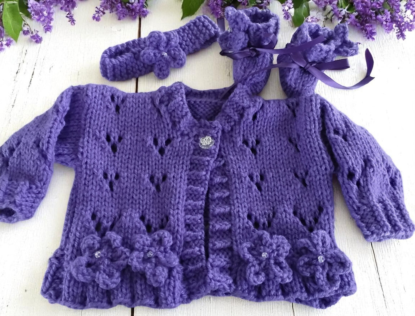 Complete Baby Girl Outfit: Fluted Hem Cardigan, Flower Trim, Matching Headband & Booties