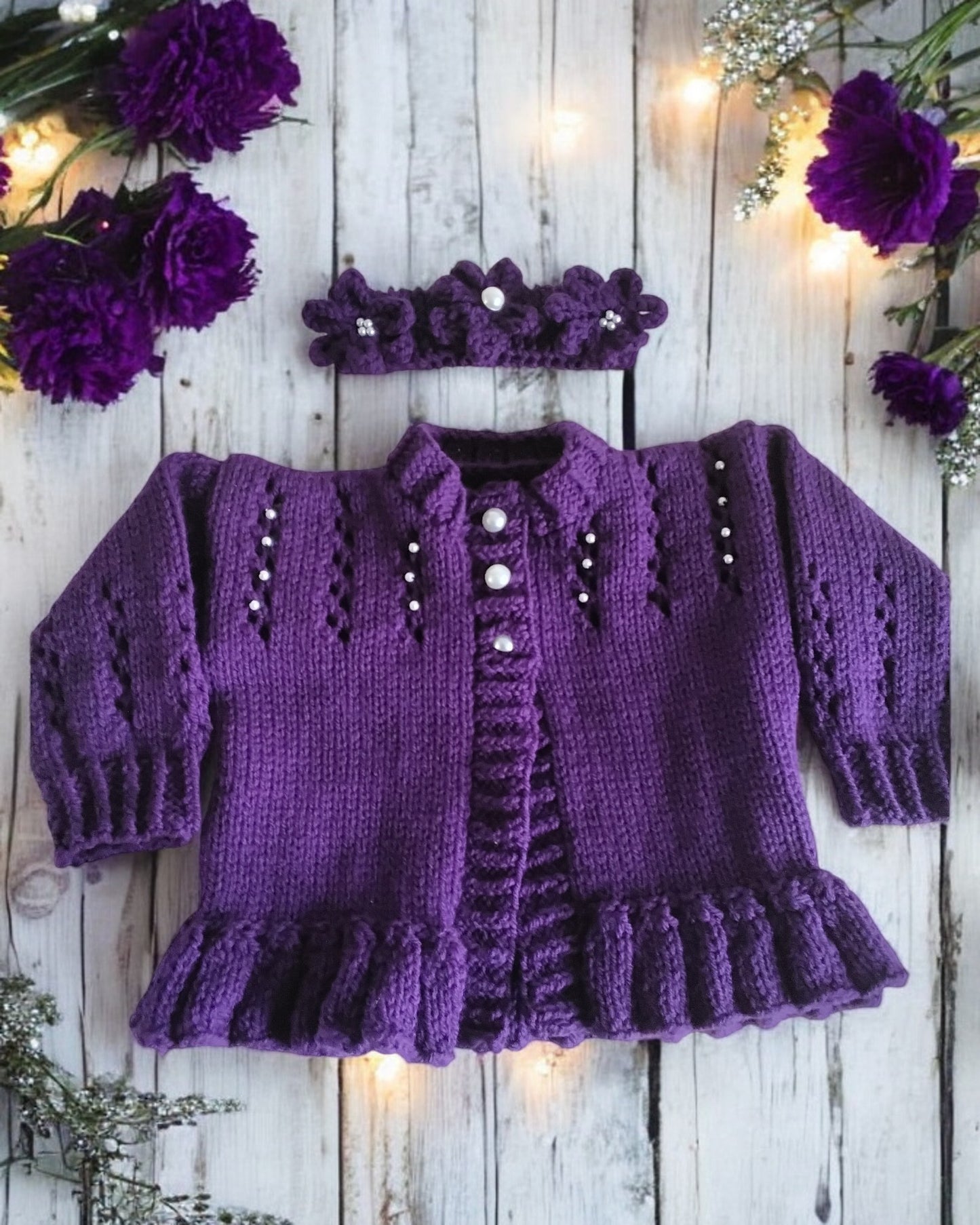 Hand Knitted Pearl-Trimmed Girls Cardigan with Matching Headband – Perfect for Christenings