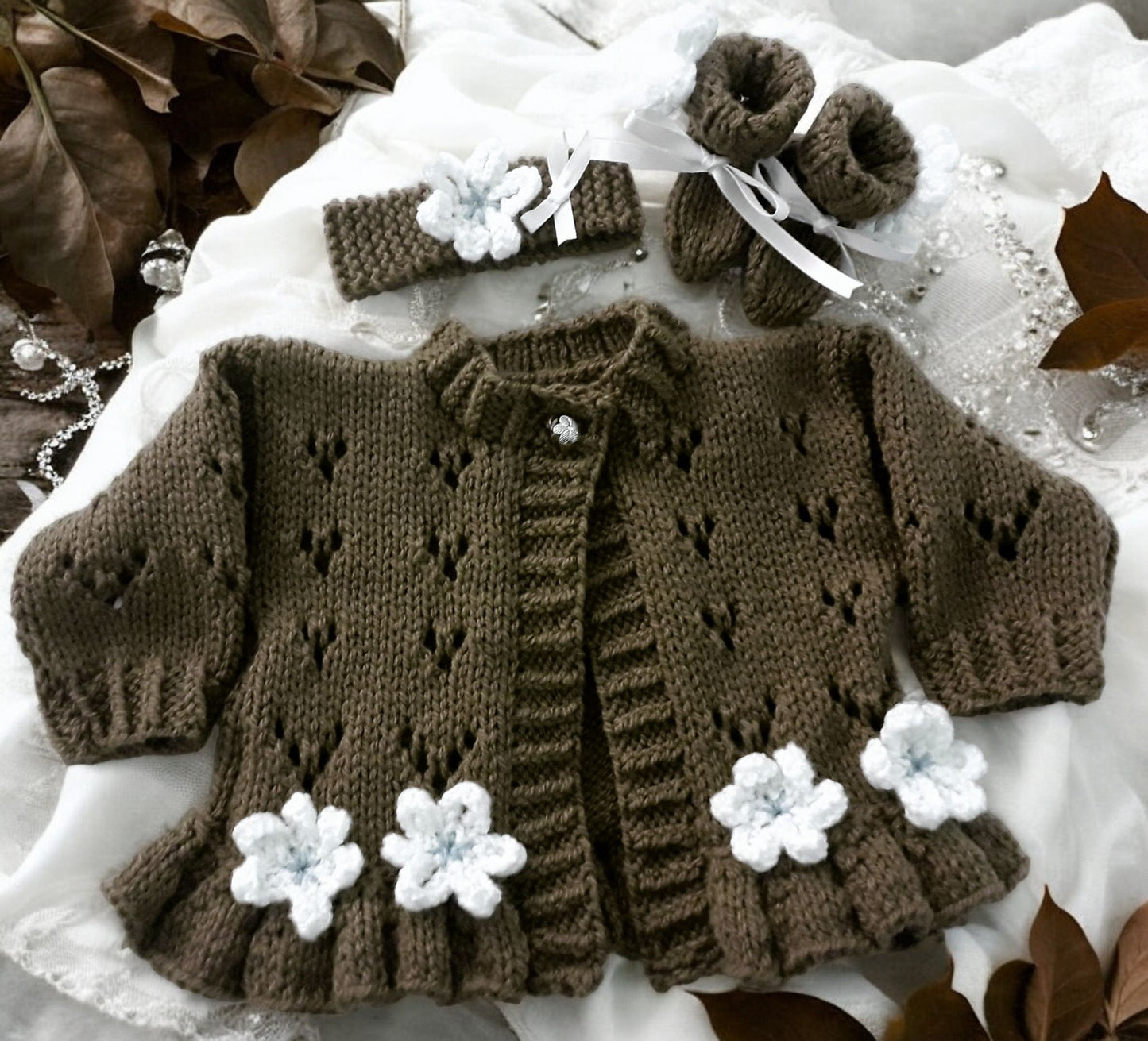 baby girl cardigan, headband & booties in jewel colour
