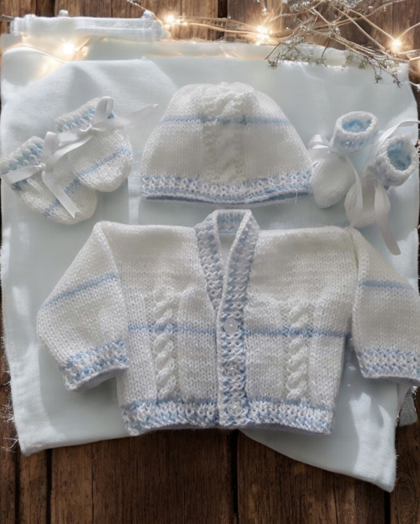 Cozy Stripy Knit Baby Ensemble – Cardigan, Hat, Mittens & Booties