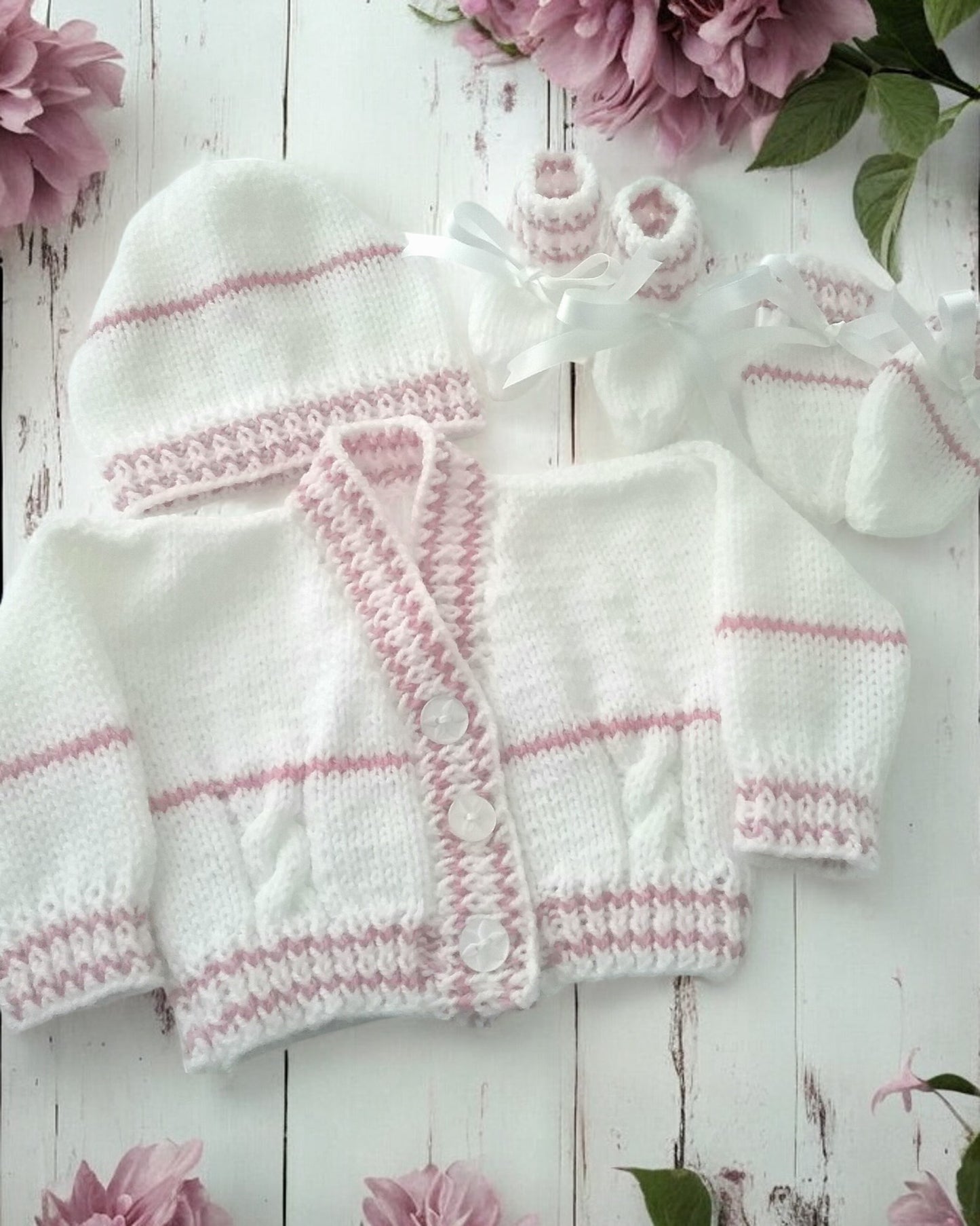Cozy Stripy Knit Baby Ensemble – Cardigan, Hat, Mittens & Booties