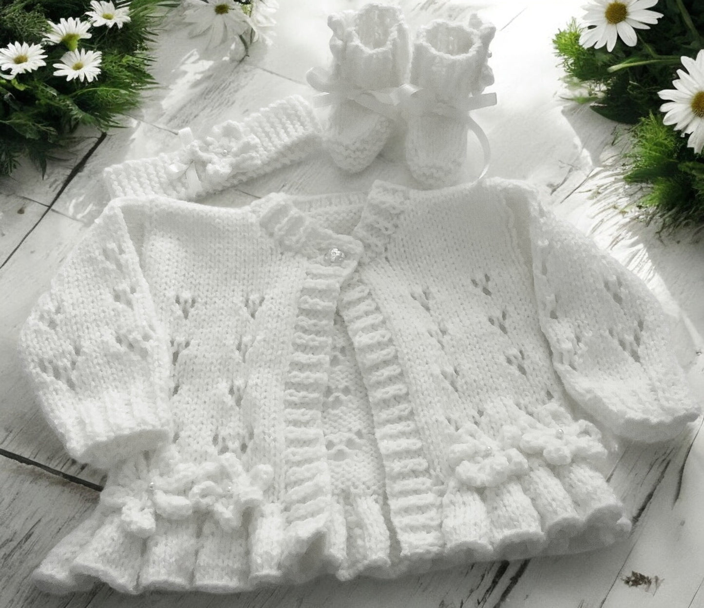 Hand-Knitted Baby Girl Cardigan with Fluted Hem & Flower trim with headband and booties