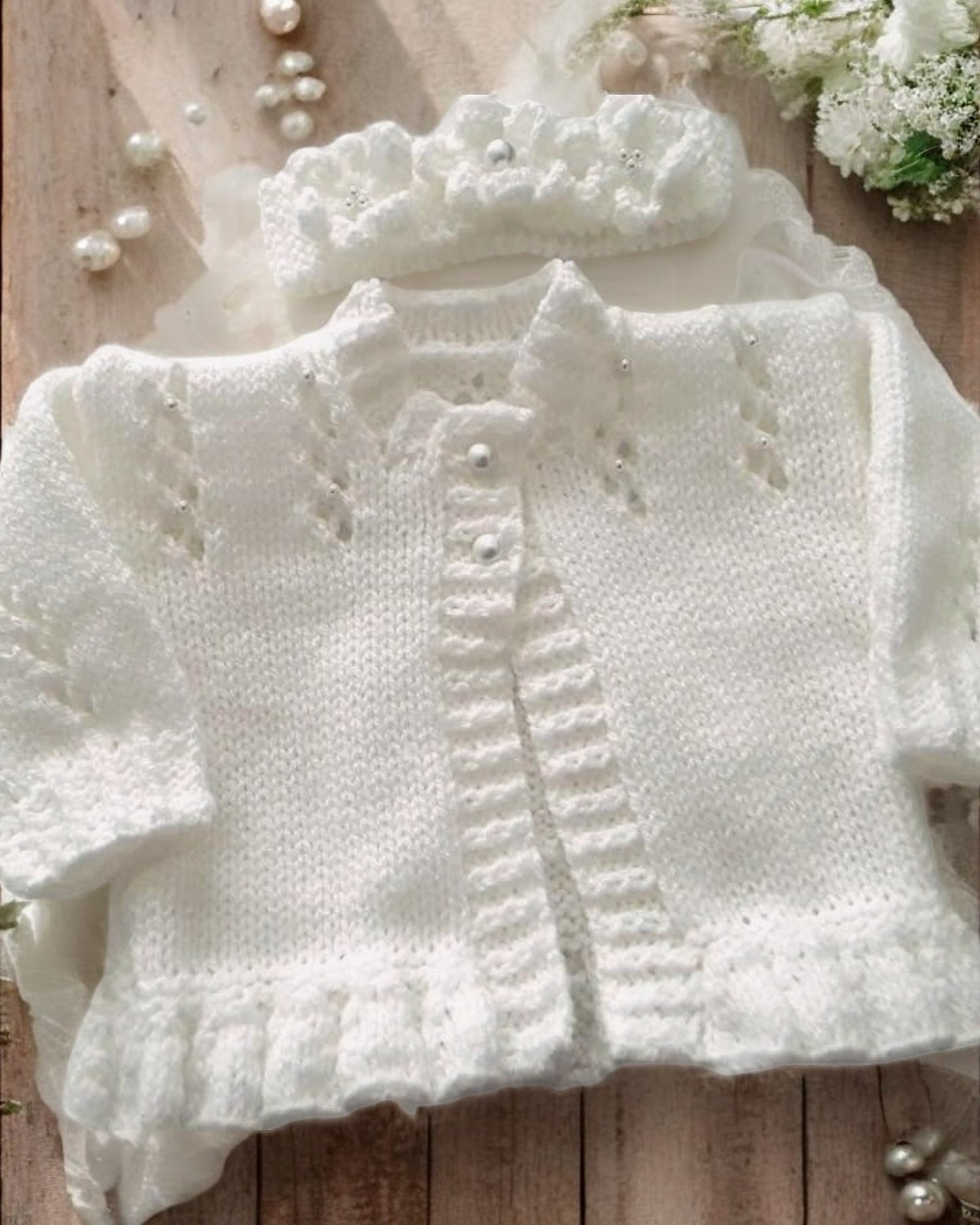 Hand Knitted Pearl-Trimmed Girls Cardigan with Matching Headband – Perfect for Christenings