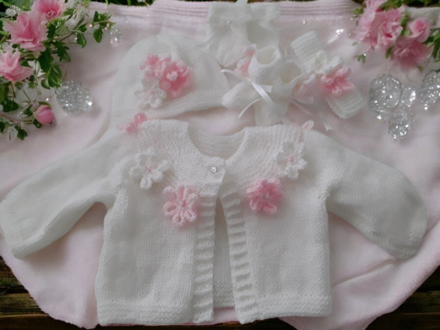 Hand Knitted Girls Cardigan with Yoke Design and Knitted Daisy Trim