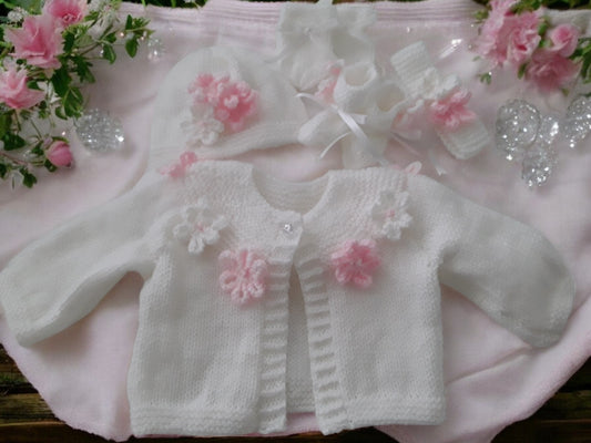 Hand Knitted Girls Cardigan with Yoke Design and Knitted Daisy Trim