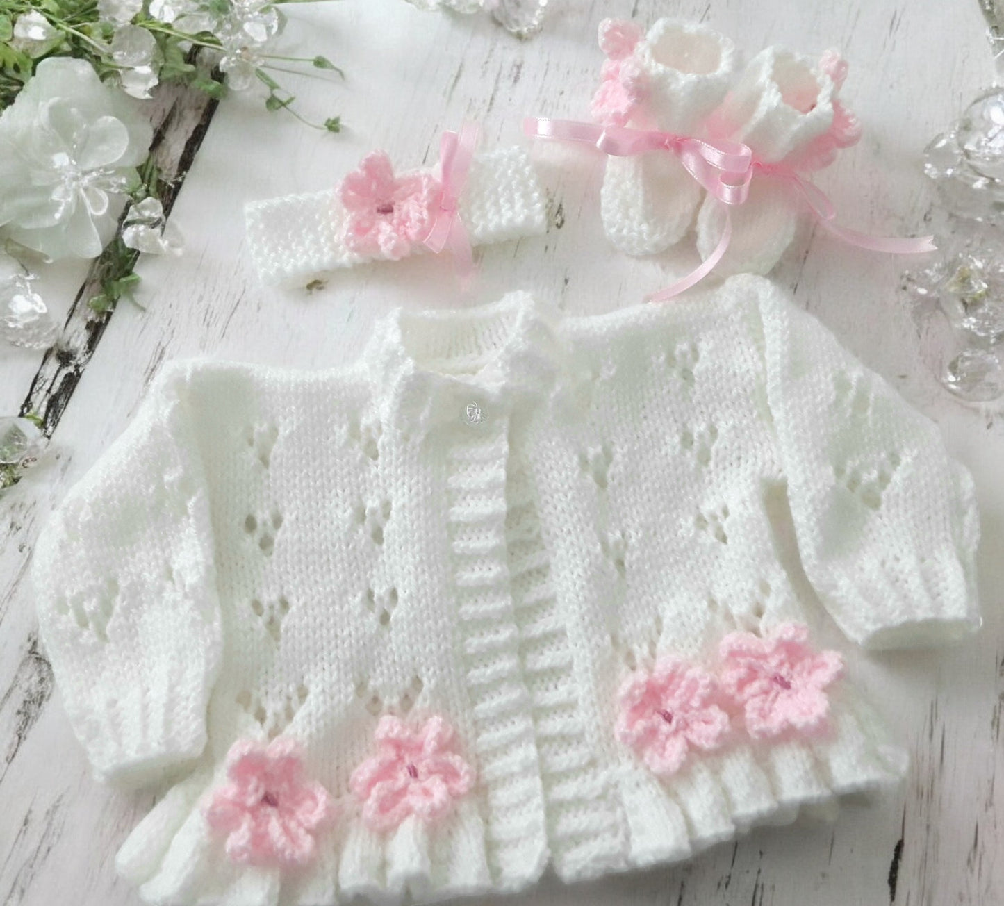 Girls Knitted Outfit – Cardigan, Headband & Boots Trimmed with Spring-Summer Flowers