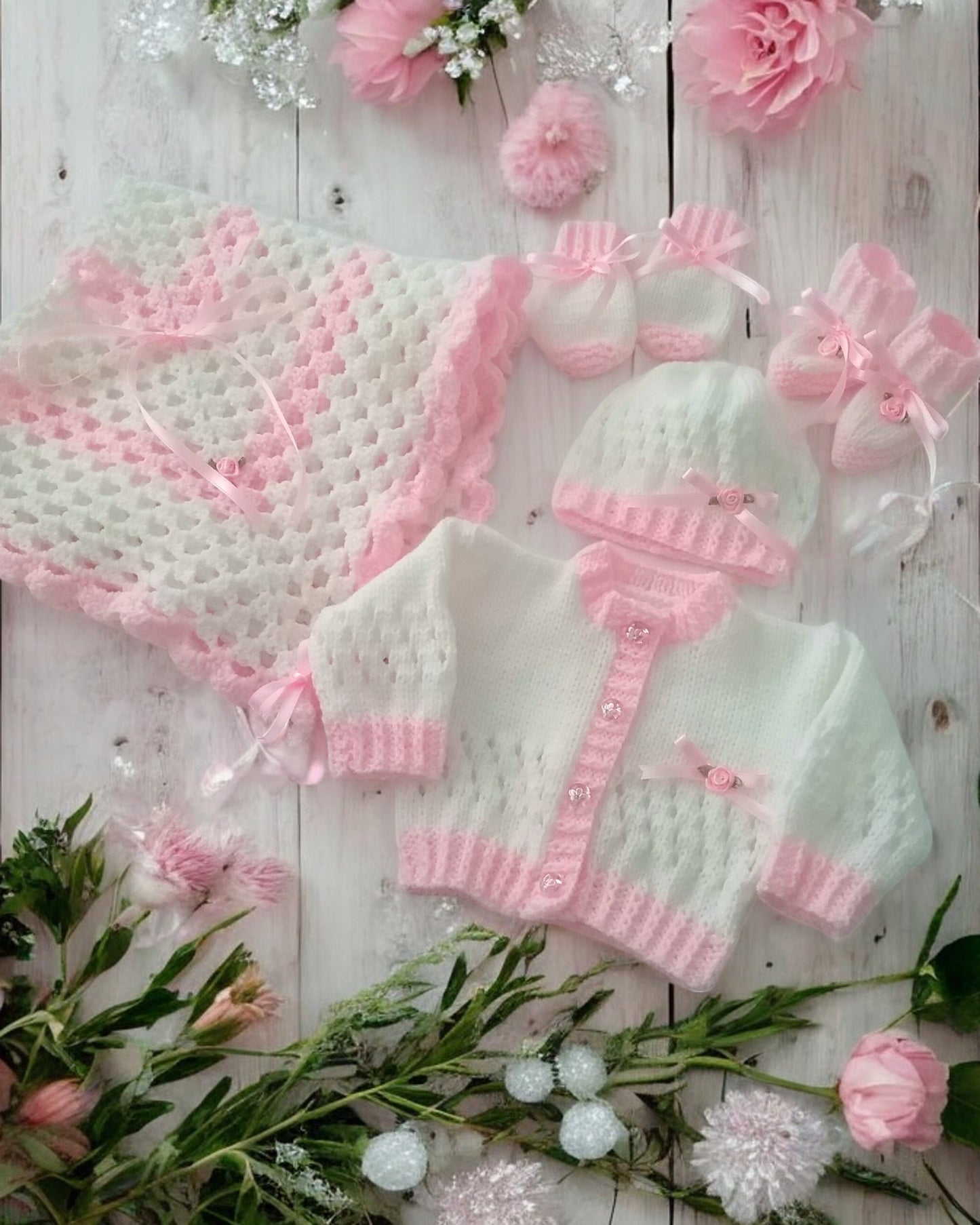 Hand-Knitted Baby Girl Outfit with Matching Pram Cover – Cardigan, Hat, Booties, mittens  & Blanket Set
