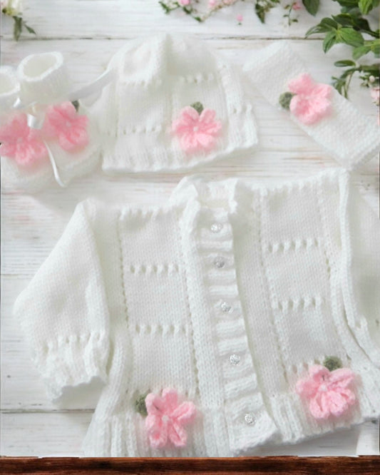 Baby Girl Fluted Hem Cardigan with hat, headband and boots, Flower & leaf Trim