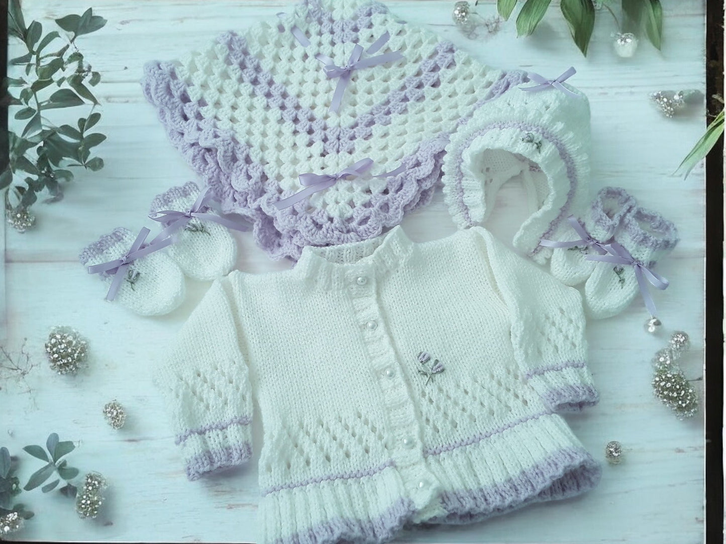 Girls Knitted Outfit with Pram Cover – Gorgeous Colors, Perfect Baby Shower Gift Set