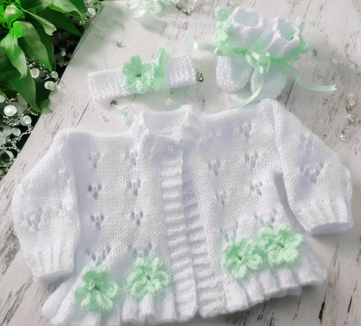 Girls Knitted Outfit – Cardigan, Headband & Boots Trimmed with Spring-Summer Flowers