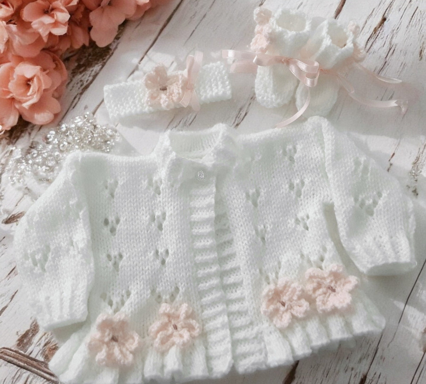 Girls Knitted Outfit – Cardigan, Headband & Boots Trimmed with Spring-Summer Flowers