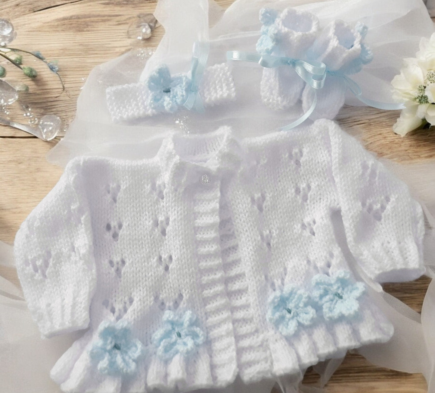 Girls Knitted Outfit – Cardigan, Headband & Boots Trimmed with Spring-Summer Flowers