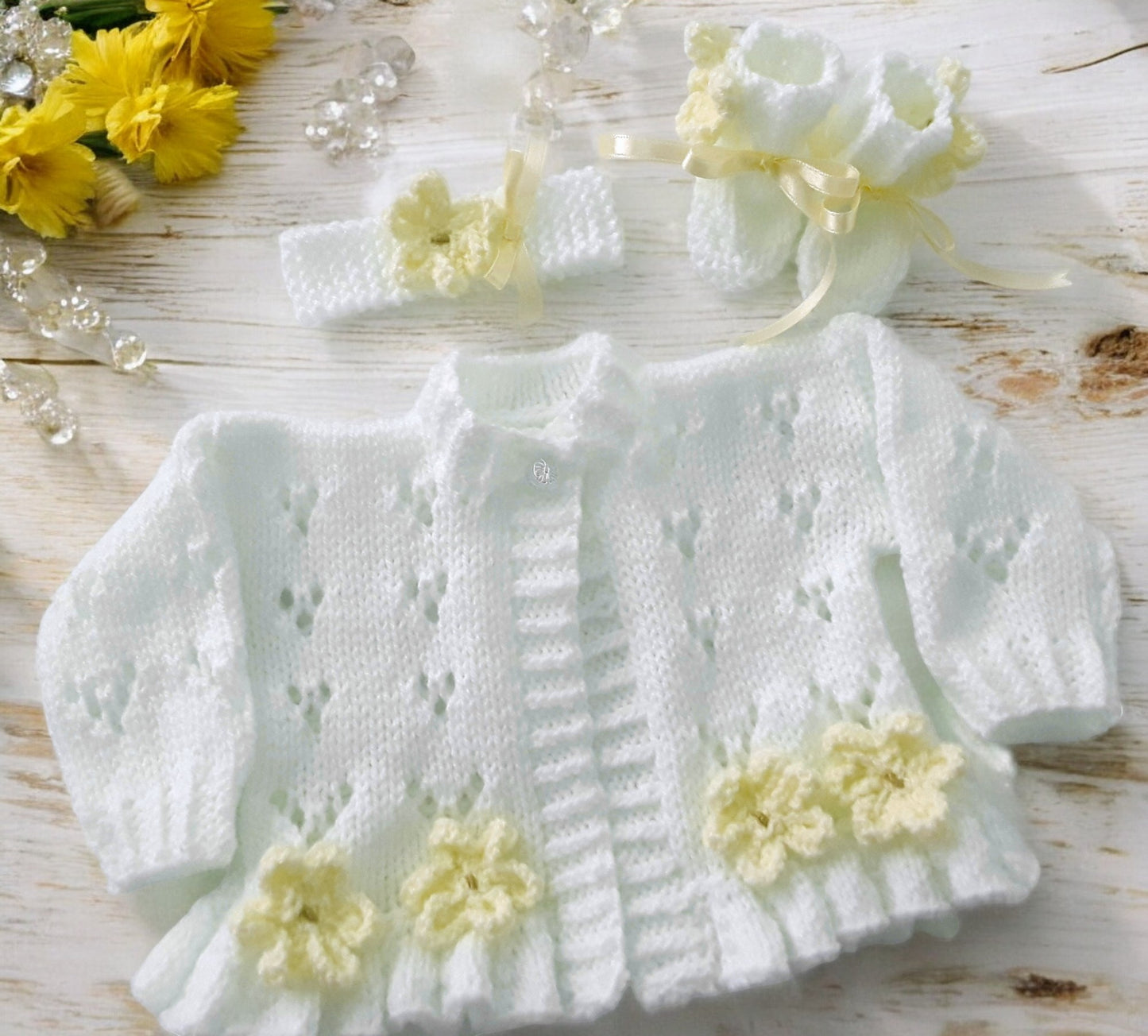 Girls Knitted Outfit – Cardigan, Headband & Boots Trimmed with Spring-Summer Flowers