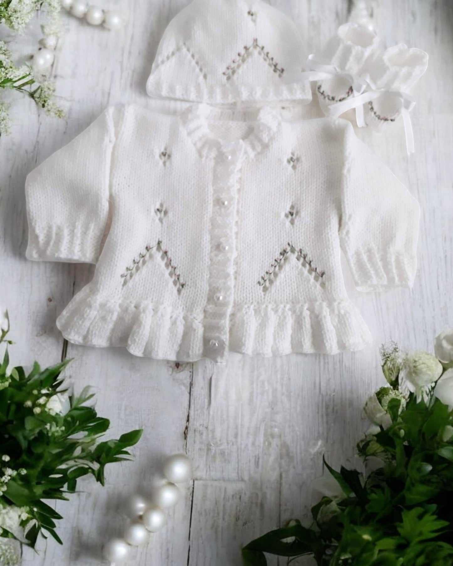 Hand Knitted Girls Cardigan with Delicate Lace Pattern & Silk Flower Embroidery