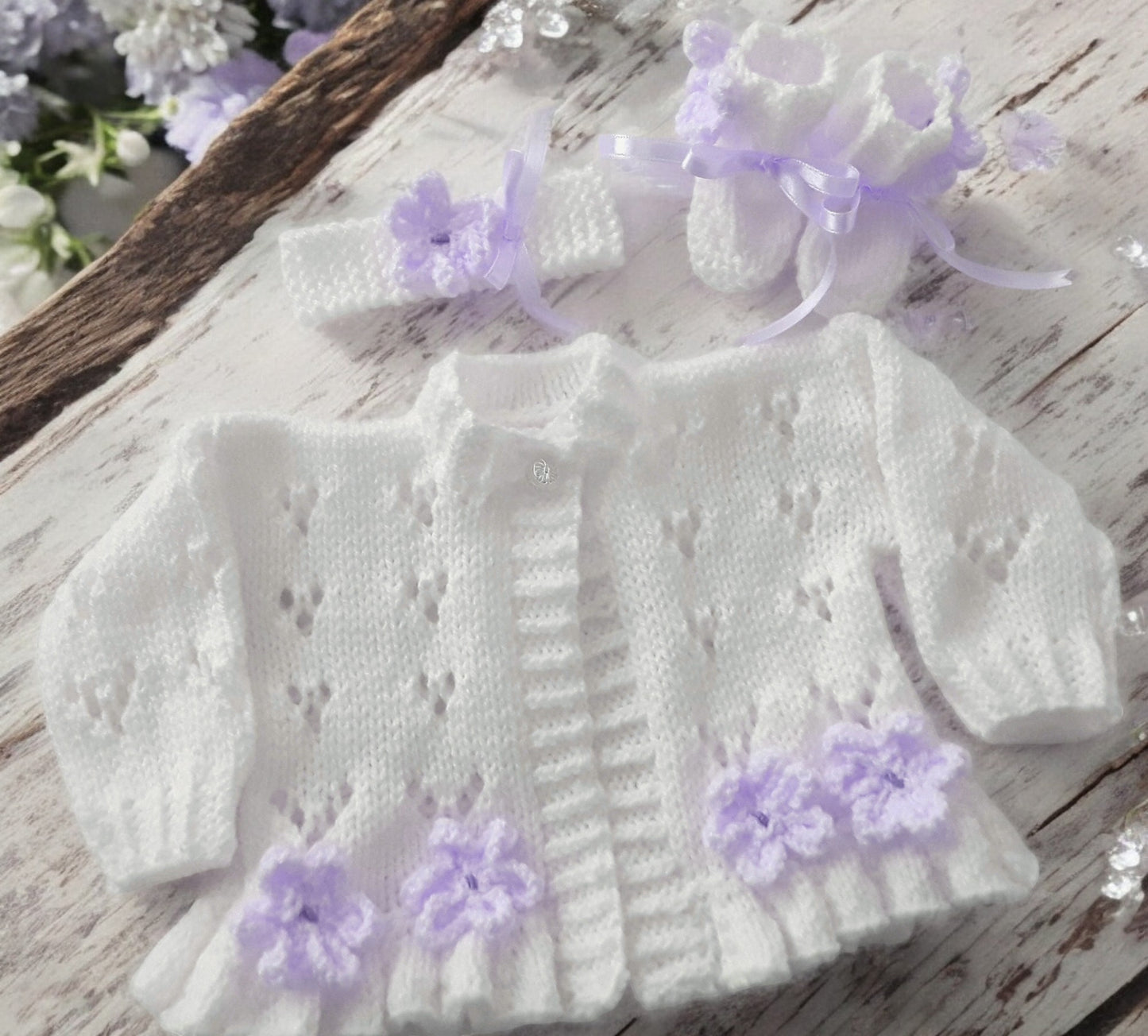 Girls Knitted Outfit – Cardigan, Headband & Boots Trimmed with Spring-Summer Flowers