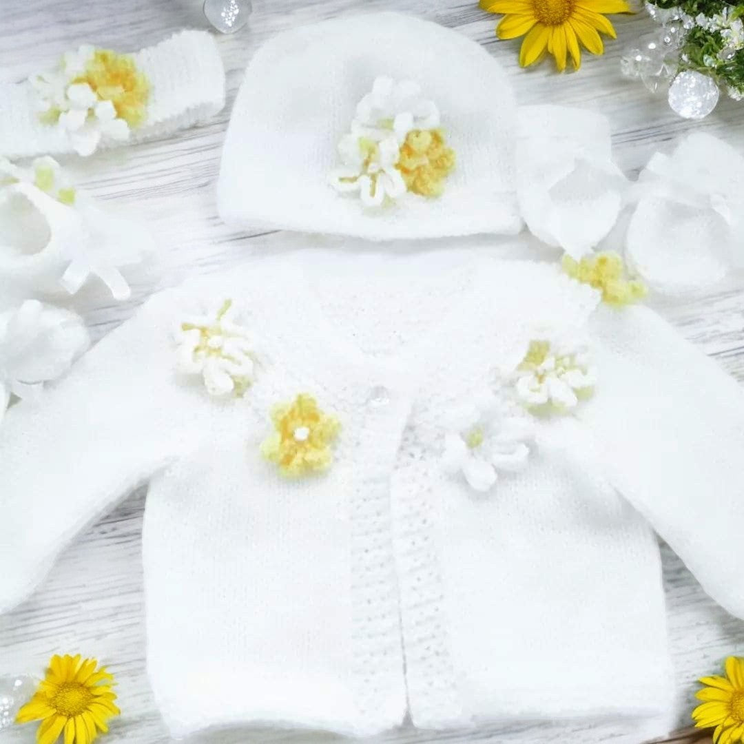 Hand Knitted Girls Cardigan with Yoke Design and Knitted Daisy Trim