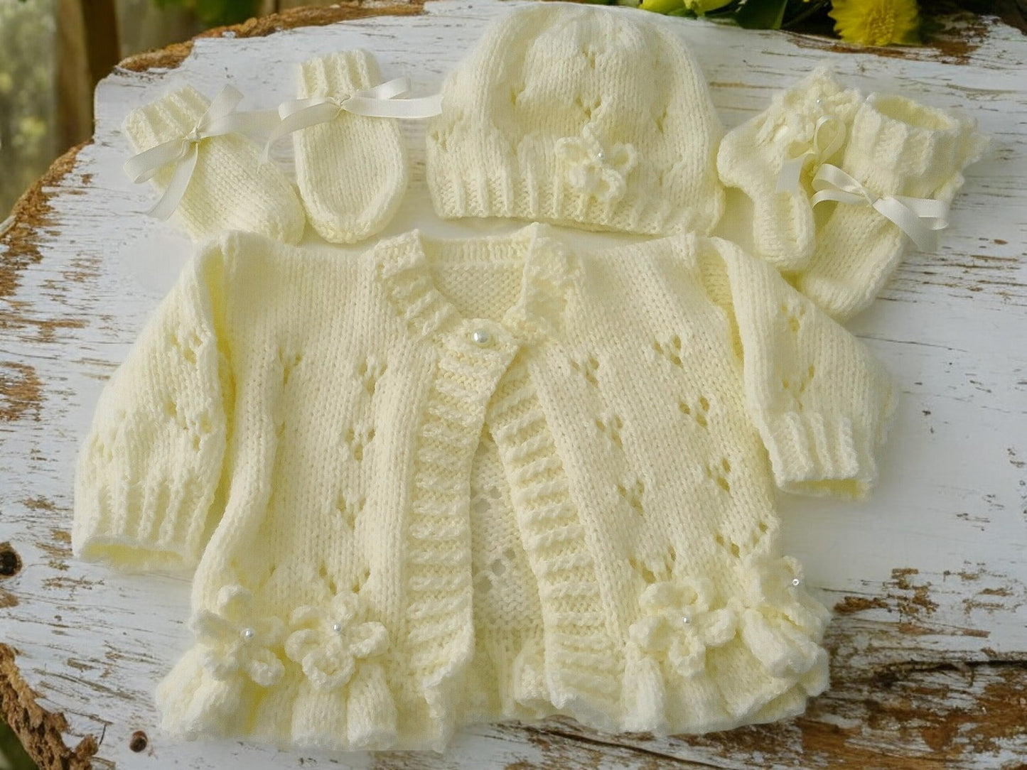 Hand-Knitted Baby Girl Cardigan with Fluted Hem & Flower trim with headband and booties