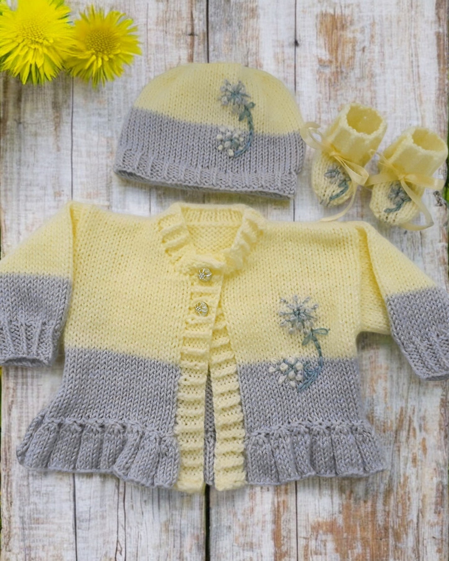 Girls knitted cardigan with matching hat & boots, beautifully embroidered outfit - gemknits4kids